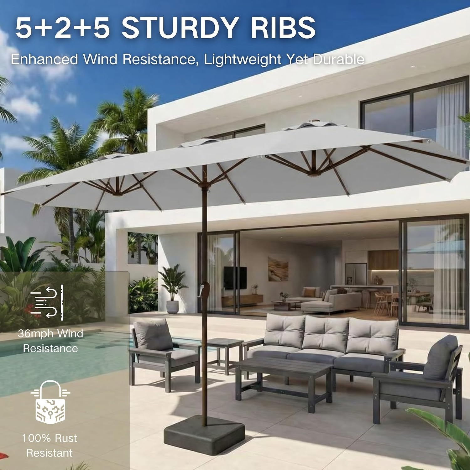Kingdura 15ft Large Patio Umbrella with Base Included, Double-Sided Rectangle Outdoor Table Umbrella with 12 Reinforced Ribs, Crank Lift for Market Pool Deck Backyard, Light grey
