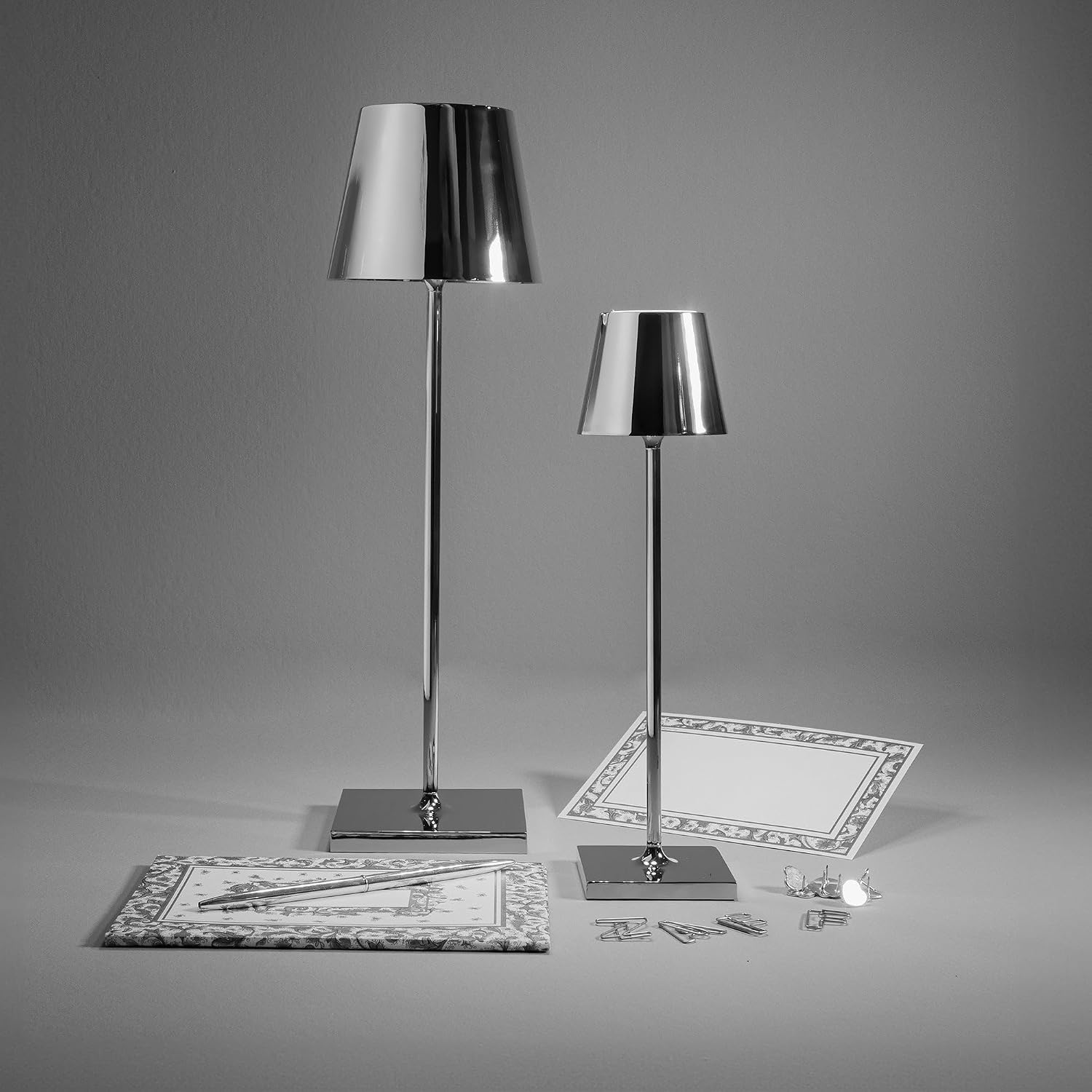 Zafferano, Poldina Micro with Polished Chrome Finish, Rechargeable and Wireless Table Lamp with Touch Control, Can be Used as Indoor Lamp, Dimmer, 2200-3000 K, Height 27.5 cm