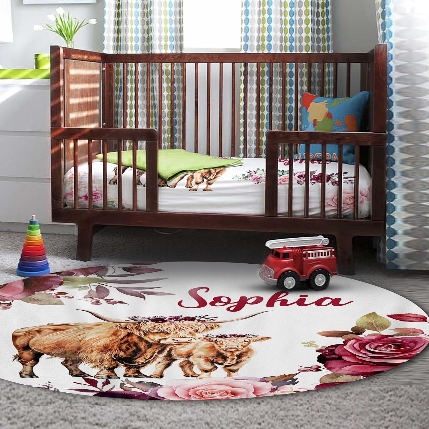 TOOTANN Custom Baby Crib Bedding Set, 5 Pcs Personalized Name Baby Crib Sheets for Kid Toddler Infant, Highland Cow Mother and Calf Nursery Bedding Set