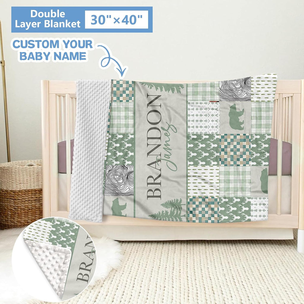 KAINSY Custom Crib Bedding Set 5 Pcs for Girls Boys – Personalized Green Woodland Bear Theme, Newborn Sleep Set, Toddler Nursery Decor, Infant Sleep, Baby Room Accessories