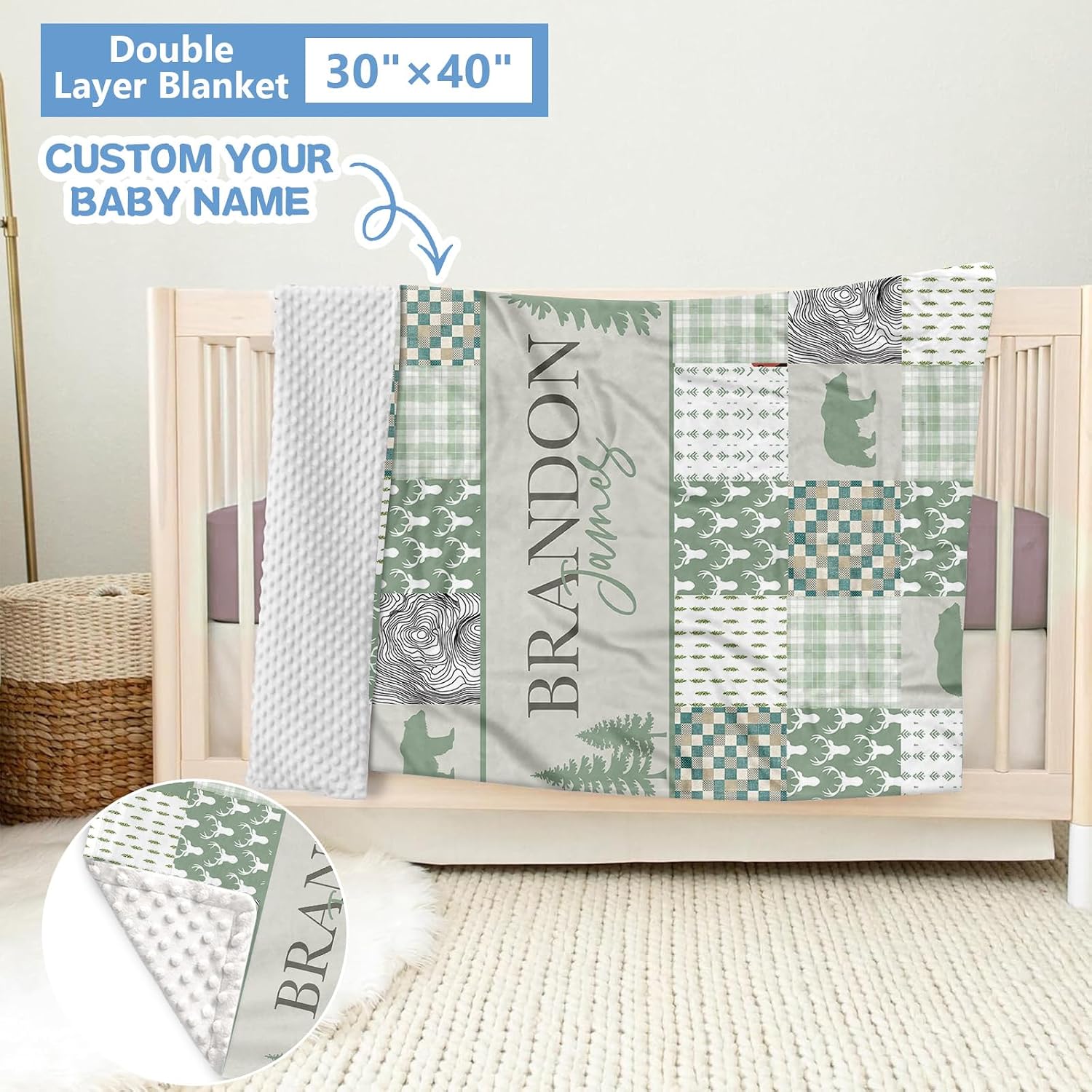KAINSY Custom Crib Bedding Set 5 Pcs for Girls Boys – Personalized Green Woodland Bear Theme, Newborn Sleep Set, Toddler Nursery Decor, Infant Sleep, Baby Room Accessories