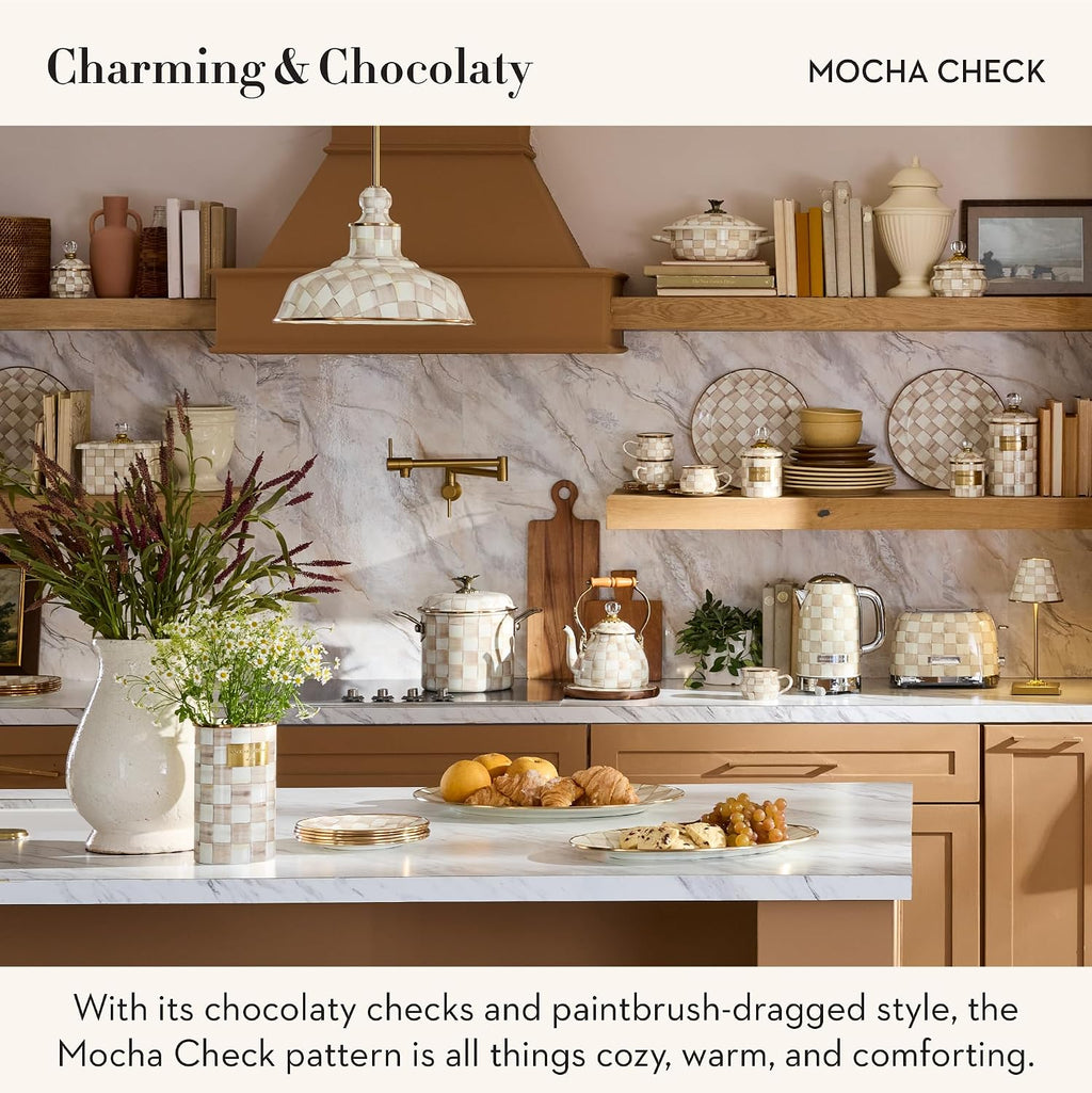 MACKENZIE-CHILDS LED Rechargeable Disk Table Lamp, Cordless Touch Lamp, Brown-and-White Mocha Check