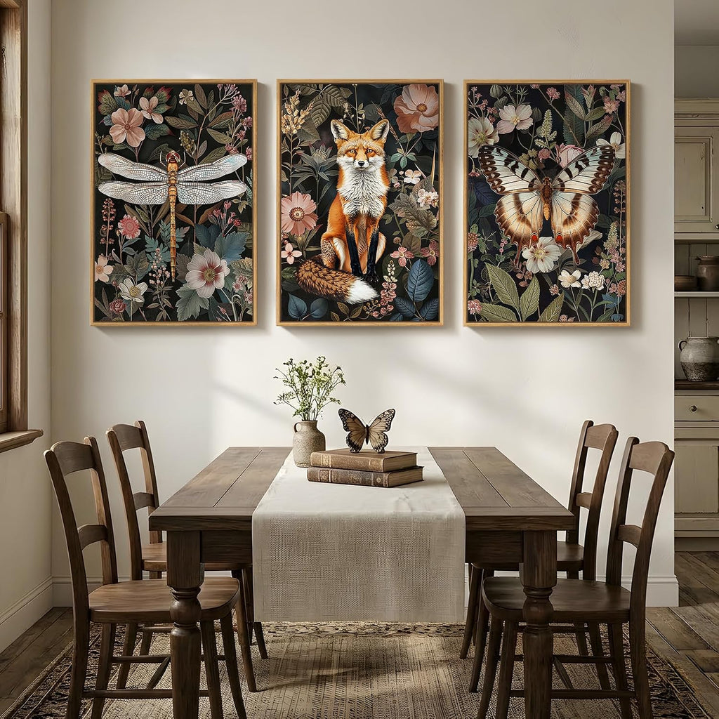 Framed Vintage Botanical Animal Wall Art Set of 3, Dark Floral Butterfly Dragonfly Fox Nature Canvas Prints, Rustic Forest Cottage core Garden Wall Decor for Living Room Bedroom Office, 24x36 Inch