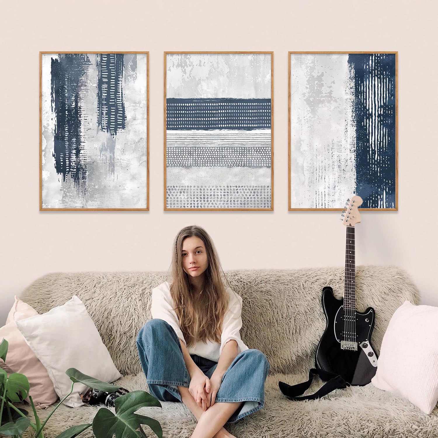 HLNIUC Navy Blue Abstract Framed Wall Art Set, Neutral Minimalist Canvas Wall Decor, Mid Century Modern Wall Painting, Grey Geometric Art Print for Living Room, Bedroom, Office - 24'x36'x3