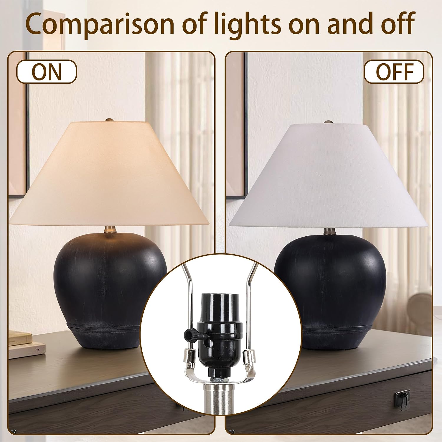 Farmhouse Ceramic Table Lamp, 18' Rustic Table Lamp with Linen Shade, ‎Bedside Nightstand Lamps for Bedroom, Living Room, E26 Socket, Black