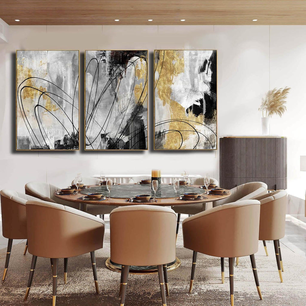 YJYart Gold Wall Art Abstract Wall Art Living Room Decor Black and White Canvas Picture Home Decor Wooden Frame Line Paintings Modern Artwork Office Decor 24'x 36'x 3 Pieces