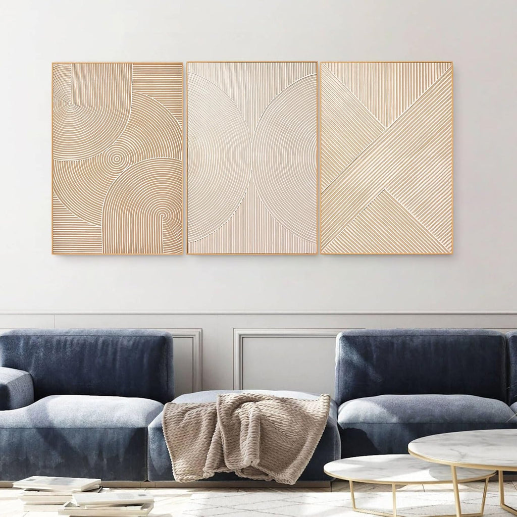 Zessonic Large Textured 3D Wall Art Neutral Set of 3-24'x36' Hand-Painted Abstract Canvas Framed Paintings Brown for Living Room, Bedroom - Modern Minimalist Neutral Boho Decor