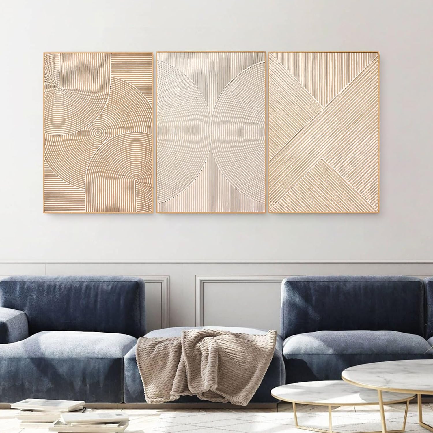 Zessonic Large Textured 3D Wall Art Neutral Set of 3-24'x36' Hand-Painted Abstract Canvas Framed Paintings Brown for Living Room, Bedroom - Modern Minimalist Neutral Boho Decor
