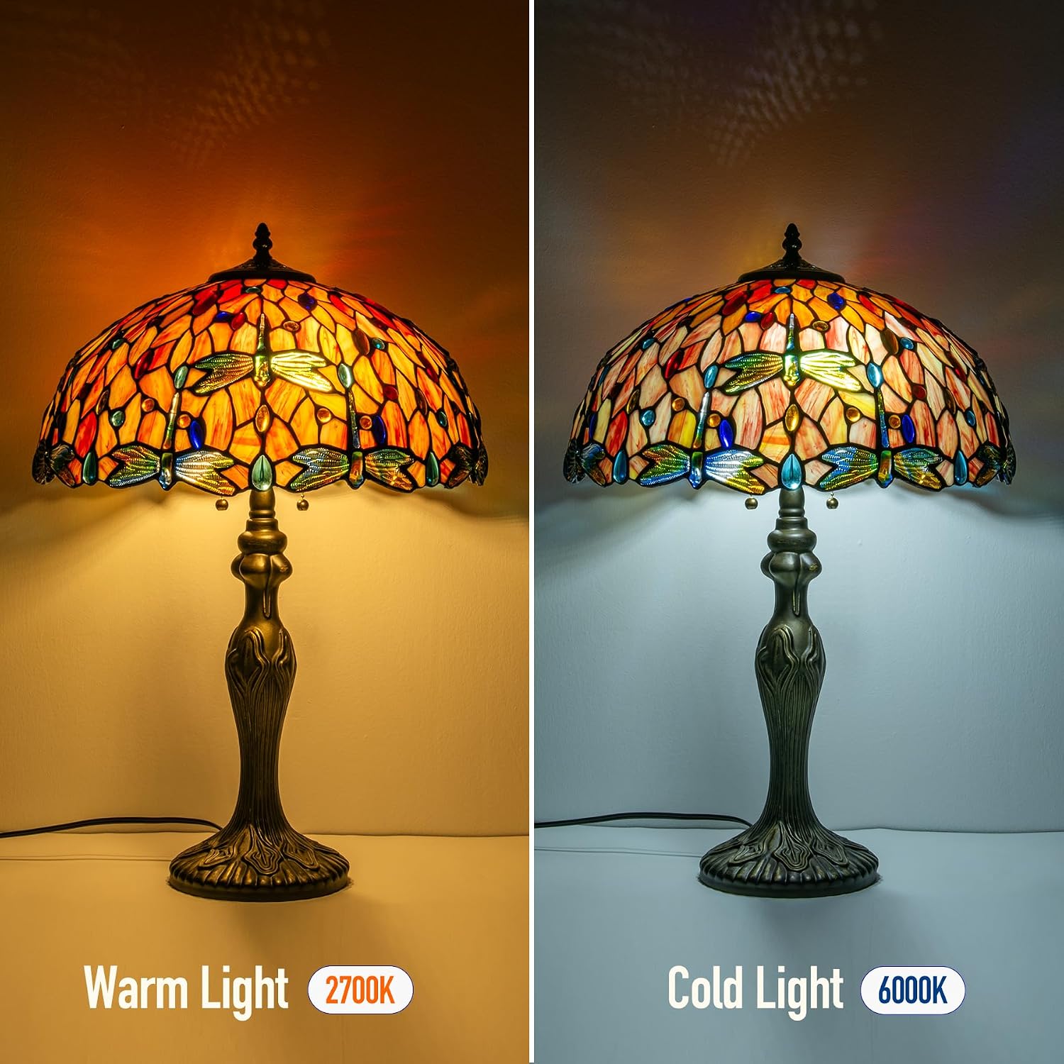 Tiffany Lamp 16' Red Orange Dragonfly Stained Glass Table Lamp for Large Space Vintage Style Antique Bronze Base Desk Light Decorate Bedside Bedroom Living Room Entry Hallway Home Office