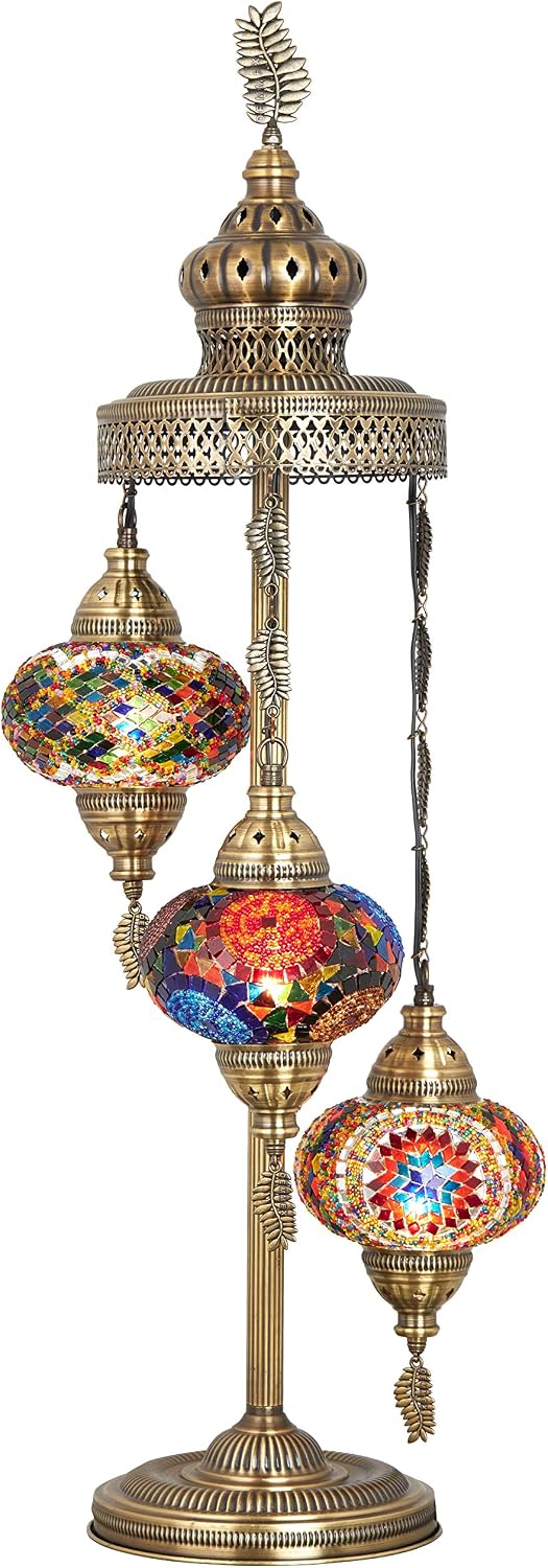 DEMMEX Turkish Moroccan Mosaic Floor & Table Lamp – Handmade Boho Tiffany-Style Light with 3 Large 7' Globes, Artisan Decor, 37' (95cm) Tall, Antique Brass Finish, North American Use (Customizable)