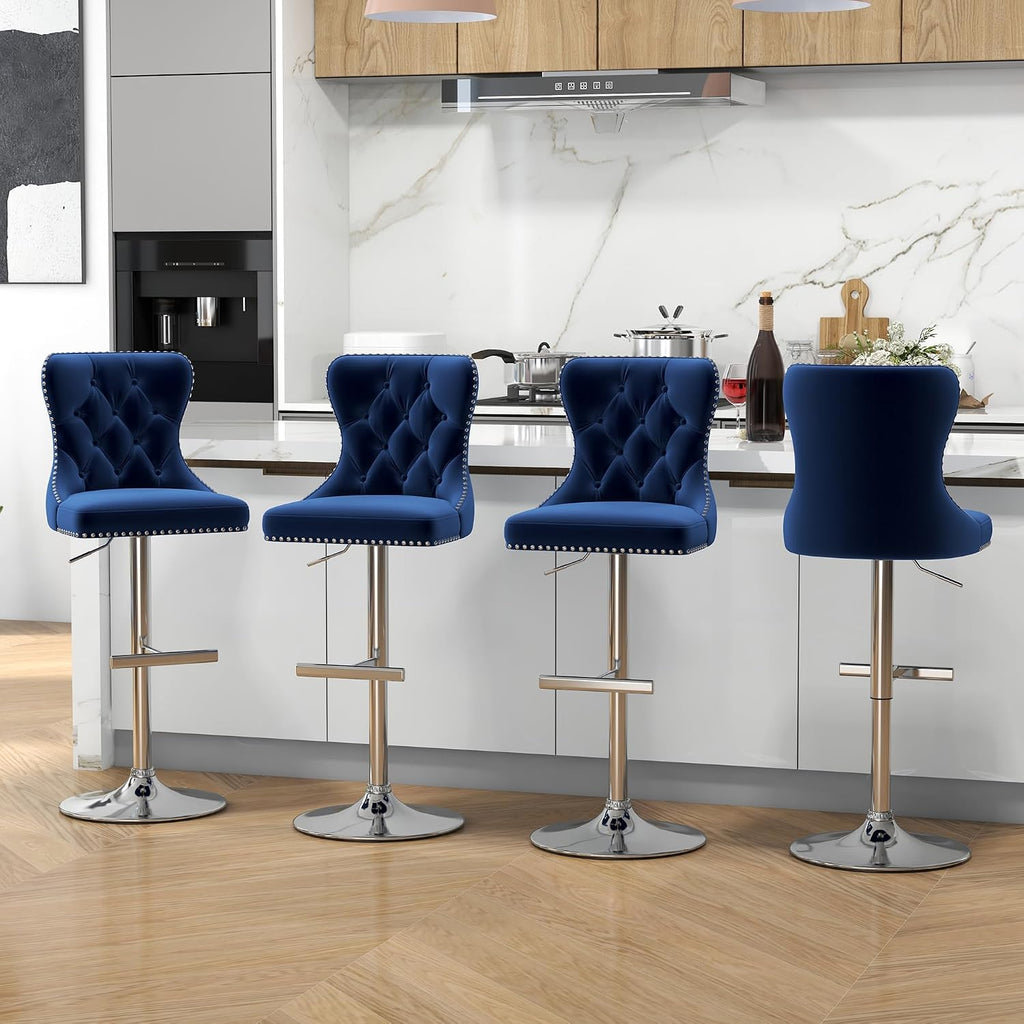 Bar Stools Set of 4, Velvet Swivel Counter Height Stools with Tufted Back, Adjustable Seat with Nailheads Trim, Upholstered Bar Chairs with Steel Base for Kitchen Island, Pub, Blue