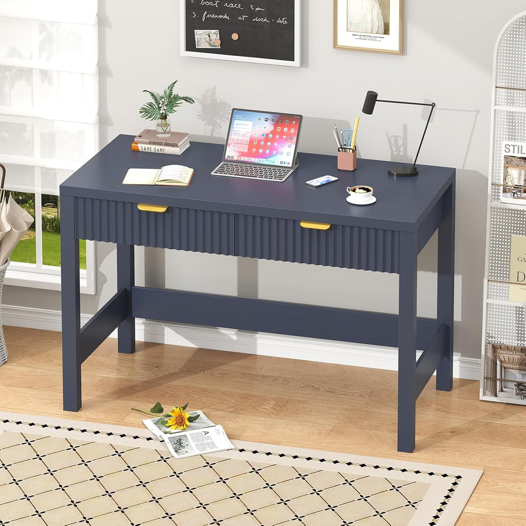 YOMILUVE Fluted Computer Desk with 2 Drawers, 39 Inch Small Computer Desk with Storage, Compact Writing Study Desk for Small Spaces, Blue