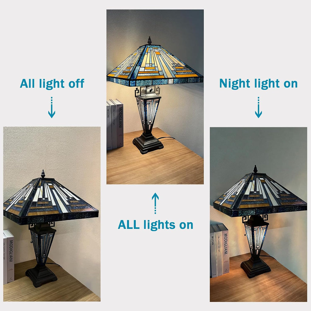 Capulina Tiffany Lamp Stained Glass Table Lamp with Night Light 3-Light 16x16x24 Inches Mother-Daughter Vase Mission Blue Amber Desk Lamp for Home Office Living Room Bedroom