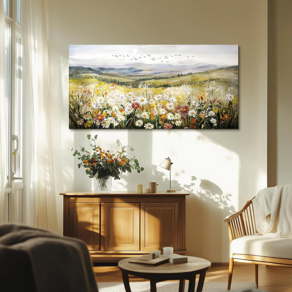 SERIMINO Nature Landscape Wall Art, Mountain Daisy Extra Large Artwork, Wildflower Meadow Rustic Home Decor Art Prints, French Country Aesthetic Paintings Wall Decor Living Room Dining Room 29X57 Inch