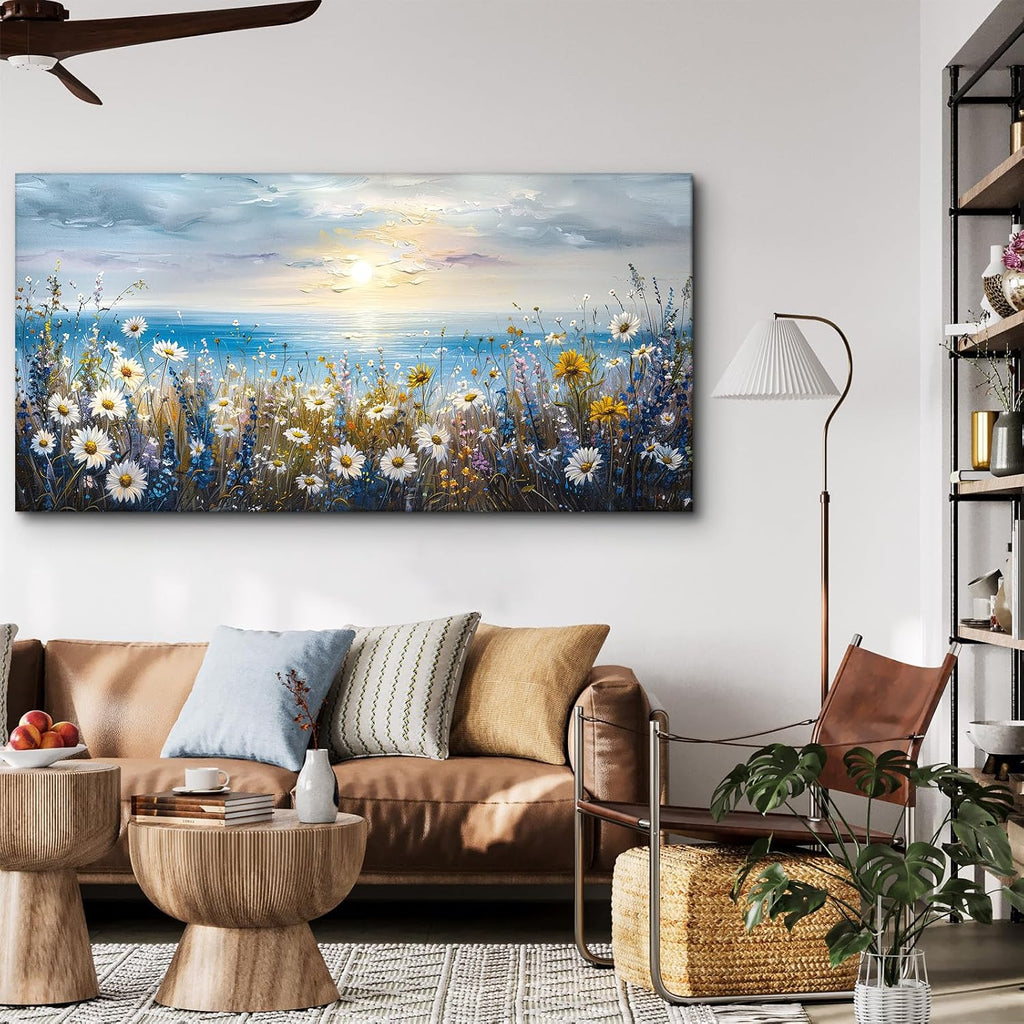 crmotu Beach Wildflower Landscape Wall Art, Seaside Sunset Extra Large Wall Decor, Daisy Floral Botanical Canvas Prints, Modern Rustic House Decorations Living Room Dining Room Farmhouse 29X57 In