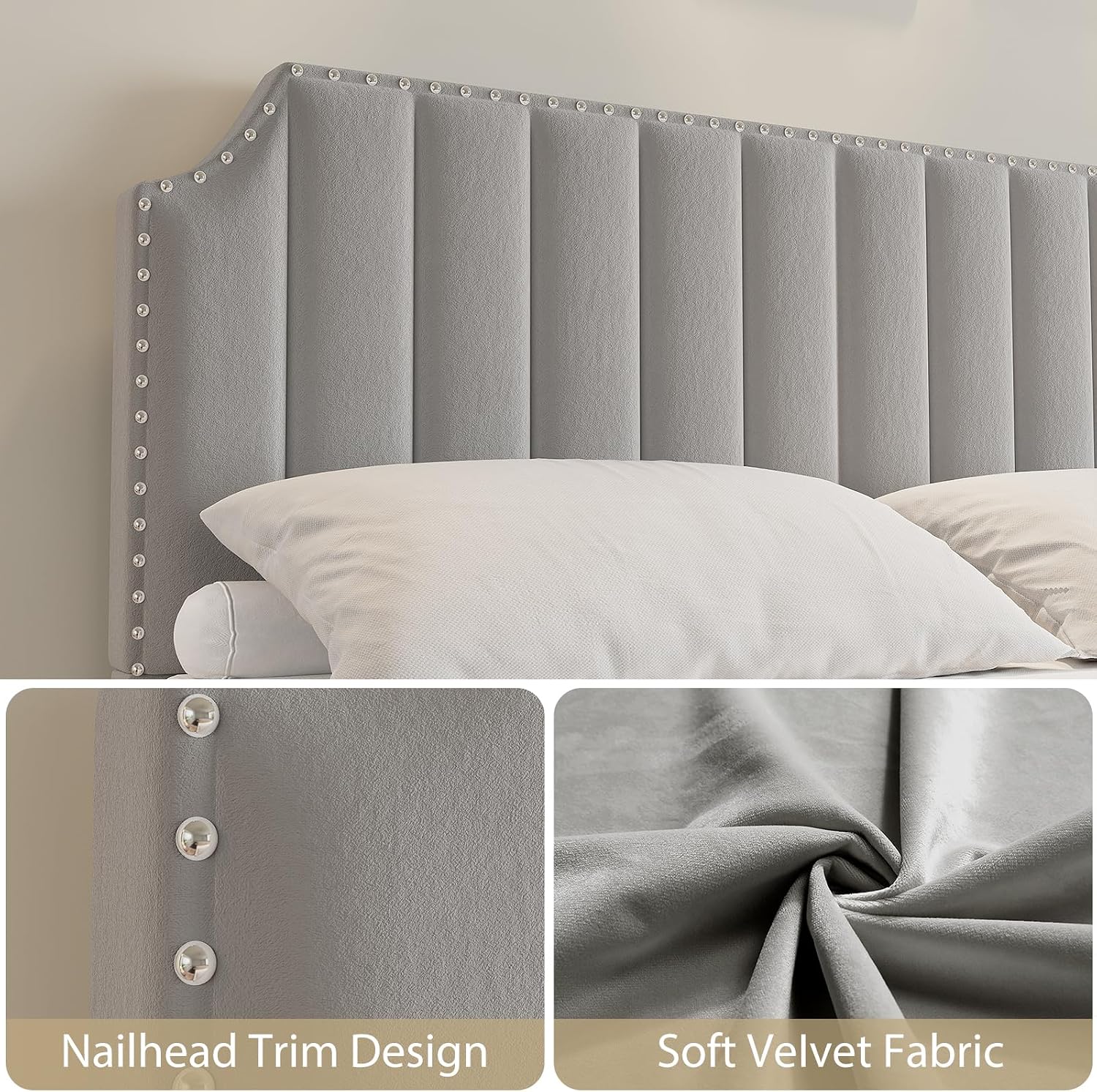 King Size Bed Frame, Platform Bed Frame with Velvet Upholstered 50.2'' Headboard, Rivet Decoration, Strong Wooden Slats, No Box Spring Needed, Easy Assembly, Grey