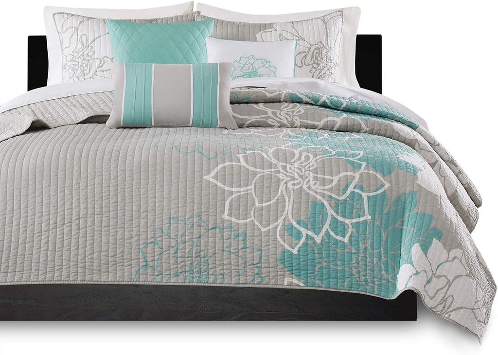 Madison Park Lola 100% Cotton Quilt Set - Casual Floral Channel Stitching Design, All Season, Lightweight Coverlet Bedspread Bedding, Shams, Decorative Pillows, King/Cal King(104'x94'), Aqua 6 Piece