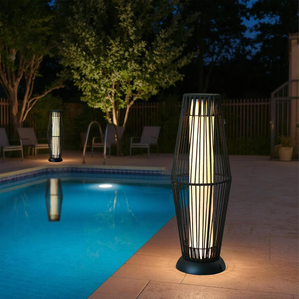 TRIROCKS Outdoor Floor Lamp 2 Piece Solar Powered Lantern Wicker Solar Patio Lamp with Olifen Rope Waterproof Rattan Outside Solar Deck Light for Patio Garden Lawn Yard (Black)