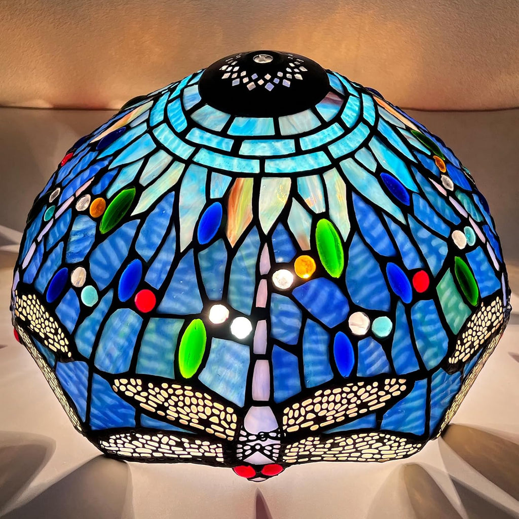 Capulina Tiffany Lamp Shade 12 Inches Wide Accessories Replacement Blue Dragonfly Style Stained Glass Lampshade for Table Lamp