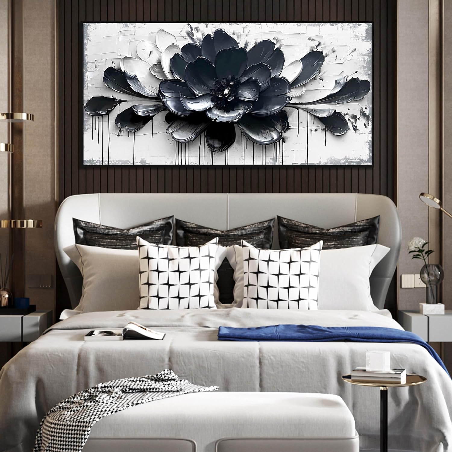 Flower Wall Art for Lving Room, Blue Black and White Canvas Wall Decor for Bedroom, Floral Picture Print Artwork for Office, Size 59 x 29 Inches Framed