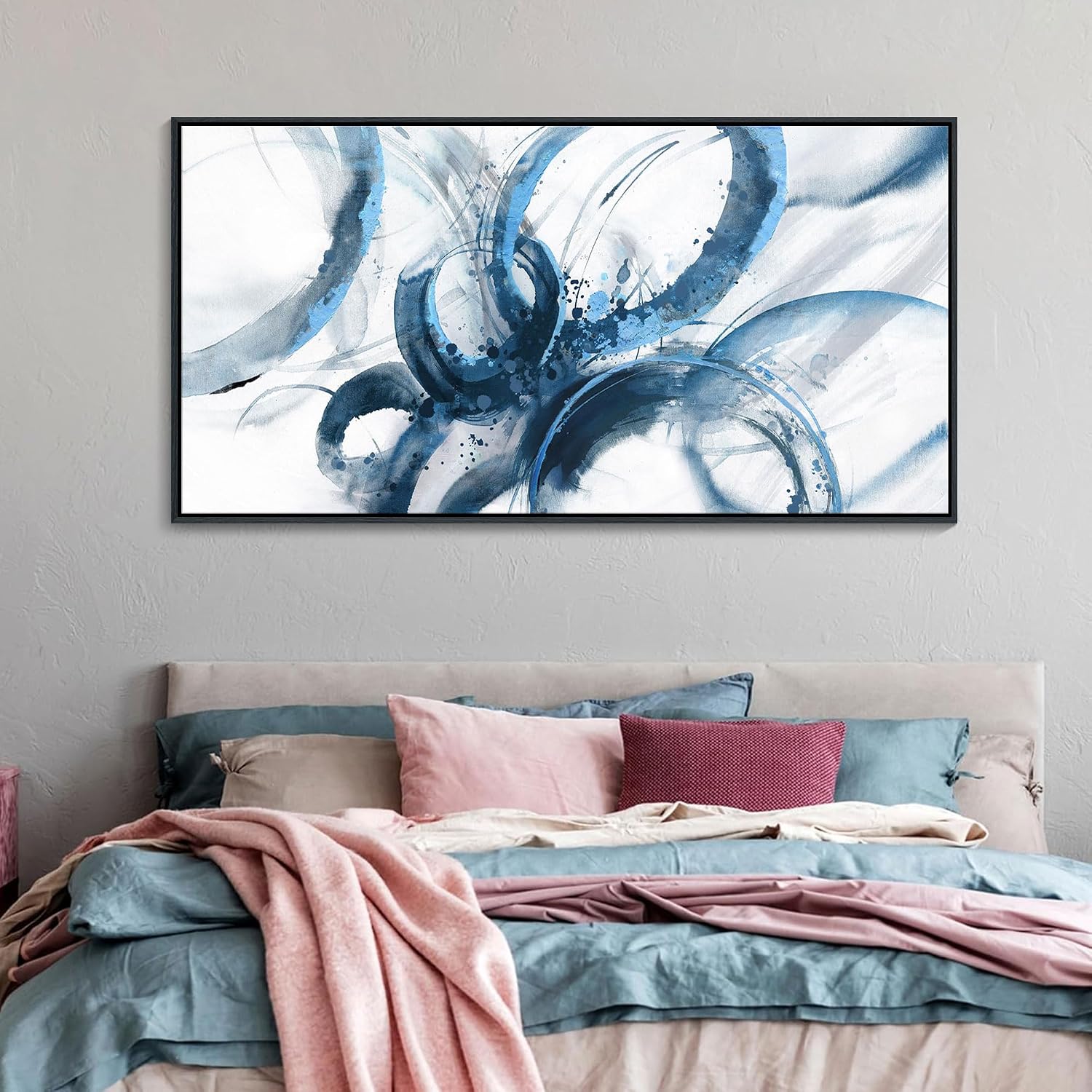 AJAZIKO Blue Abstract Canvas Wall Art for Living Room - Large Modern Navy & White Framed Artwork, Extra Large Bedroom Wall Decor, Sophisticated Office Pictures 30×60IN