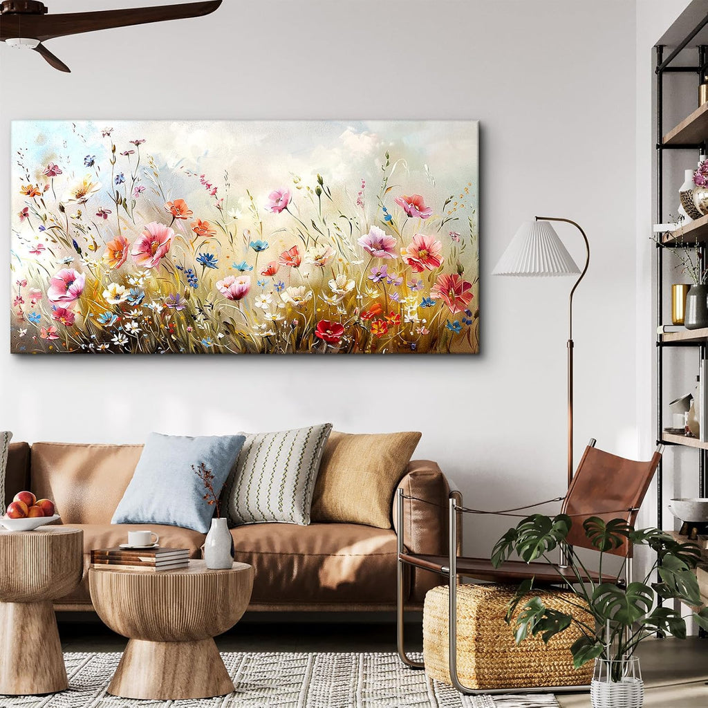 crmotu Large Wall Art for Living Room, Flower Market Botanical Prints, Floral Nature Decor Canvas Pictures, Meadow Wildflower Rustic Home Decorations, Modern Bedroom Farmhouse Wall Decor 29'X57'