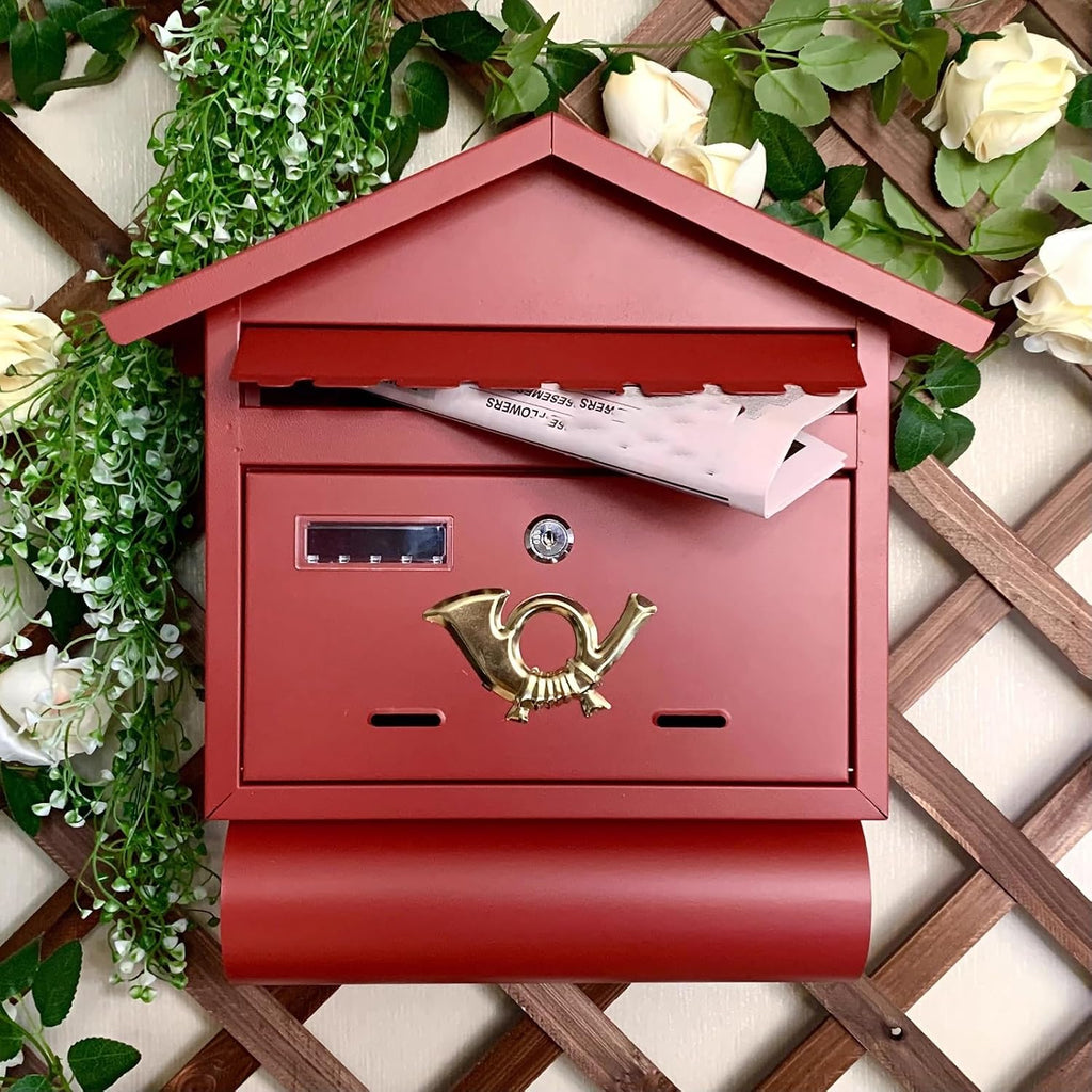 Mailboxes for Outside Locking, Vintage Wall Mount Mailbox, Galvanized Rust-Proof Metal Mailboxes, for Household, Outdoor, Garden(Red)