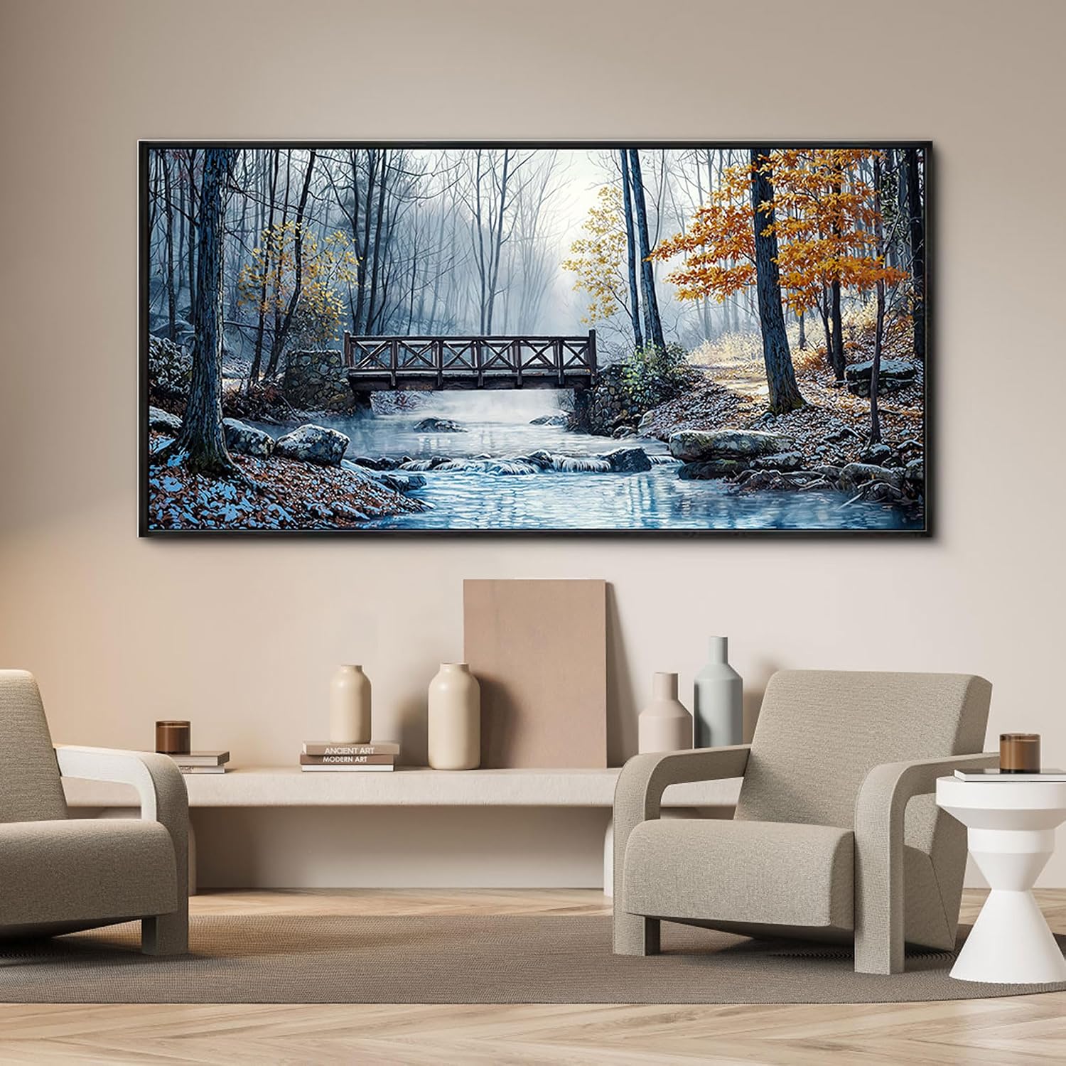 yiijeah Extra Large Living Room Wall Art - Modern Wall Decor for Bedroom Office Decor Mountain Forest Landscapes Village Bridge Painting Framed Canvas Prints Ready to Hang Pictures Home Decor