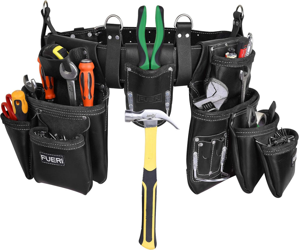 FUERI Leather Tool Belts for Men, Heavy-Duty Durable Carpenter Tool Rig Organizer With 19 Pockets-2 Pouches, Double Hammer Holder, Suspender Loops, And A Foam-Padded Belt for Framers, And Electricians