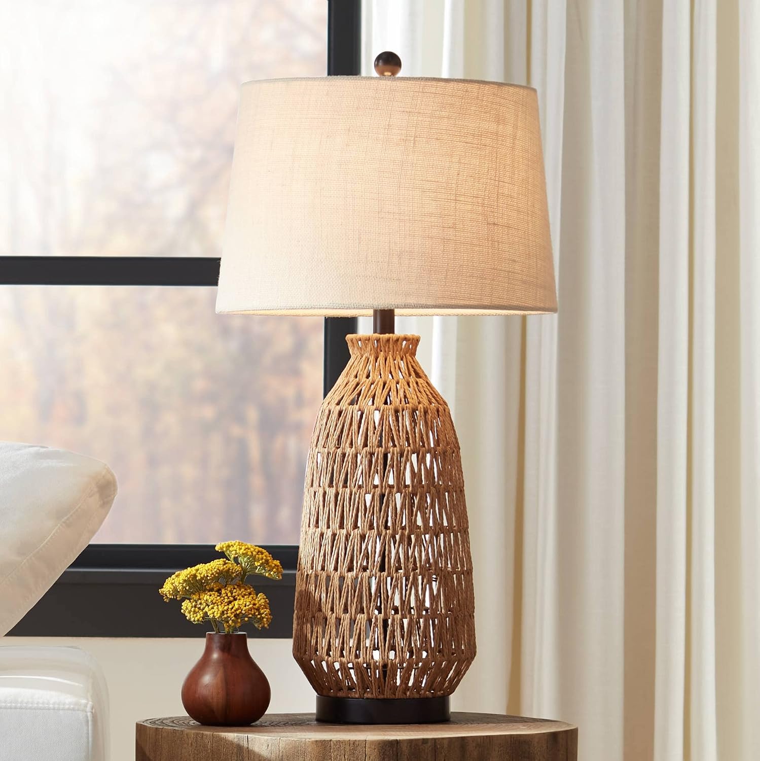 360 Lighting San Carlos 29' Tall Farmhouse Rustic Natural Cottage Core End Table Lamps Set of 2 Rattan Wicker Fabric Oatmeal Shade Living Room Bedroom Bedside Nightstand House Office Home Kitchen