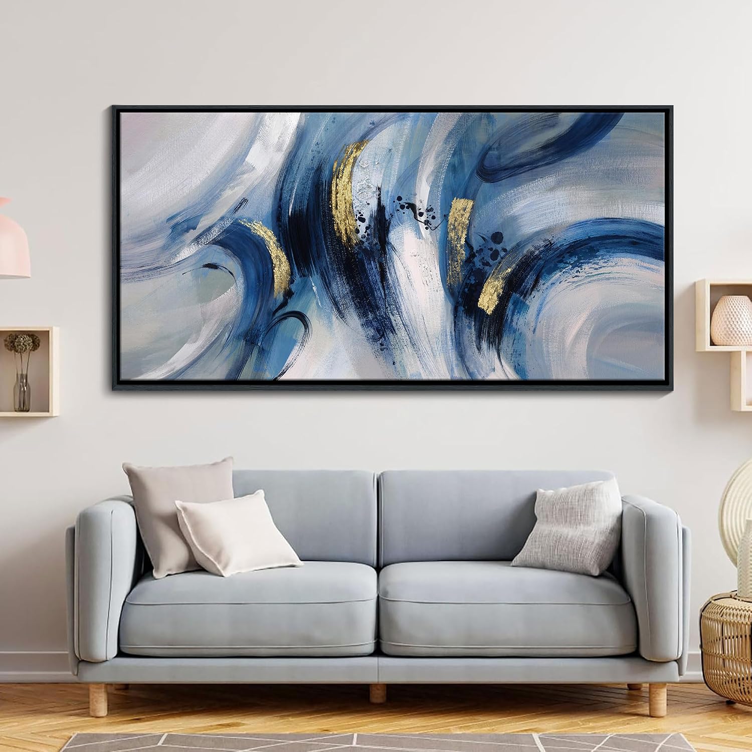 Extra Large Abstract Line Art Framed Canvas - Blue & Grey Modern Wall Decor 30x60 Inches, Minimalist Living Room Art, Oversized Office Painting, Ready to Hang