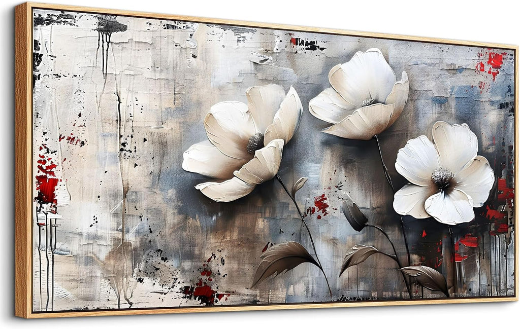 hyidecorart Boho Framed Wall Decor For Living Room Large Wall Art For Office Bedroom Decor Flowers Wall Painting Textured Pictures Artwork Vintage Style Wood Framed Canvas Prints Modern Hotel Mural
