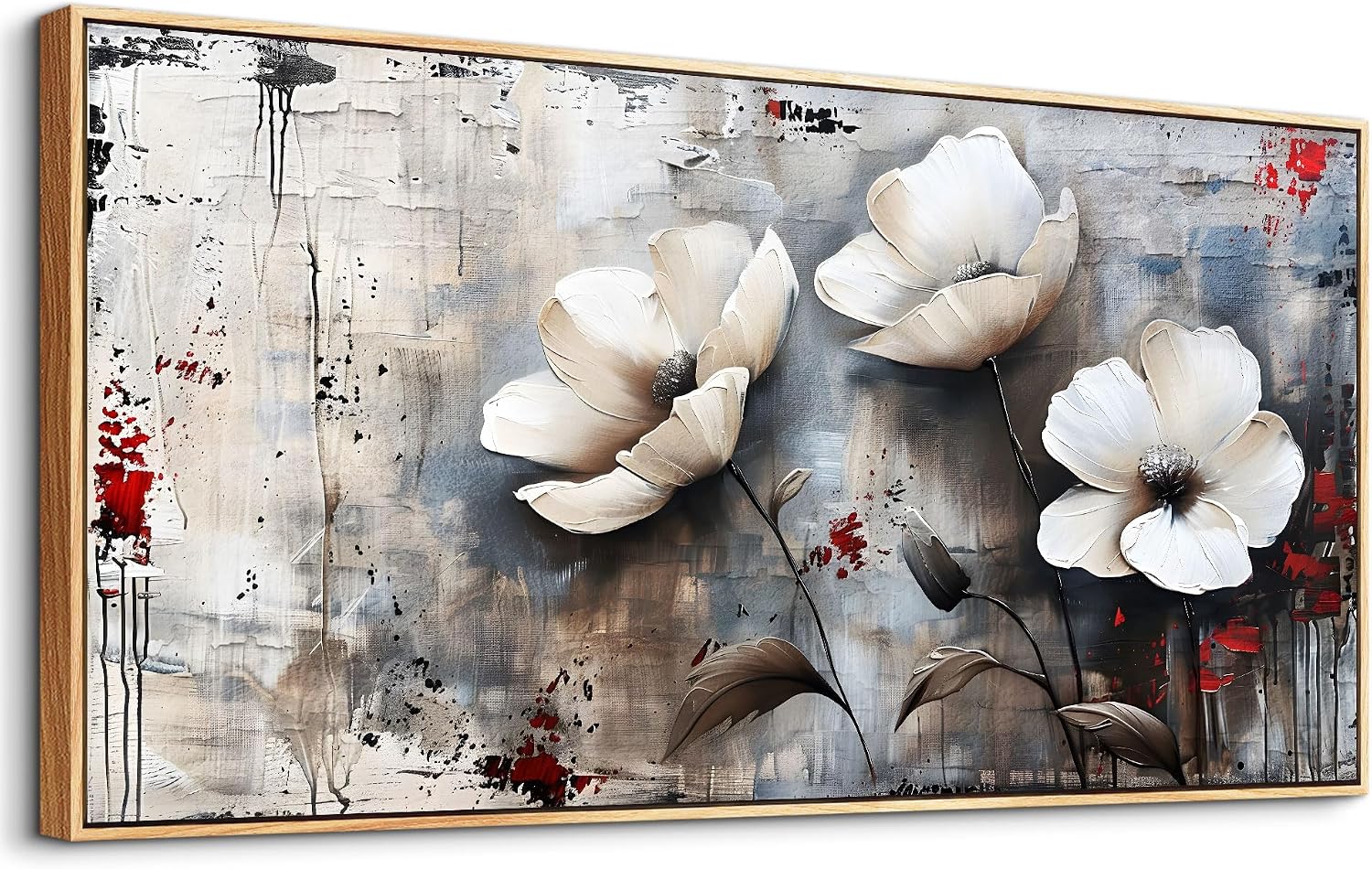 hyidecorart Boho Framed Wall Decor For Living Room Large Wall Art For Office Bedroom Decor Flowers Wall Painting Textured Pictures Artwork Vintage Style Wood Framed Canvas Prints Modern Hotel Mural