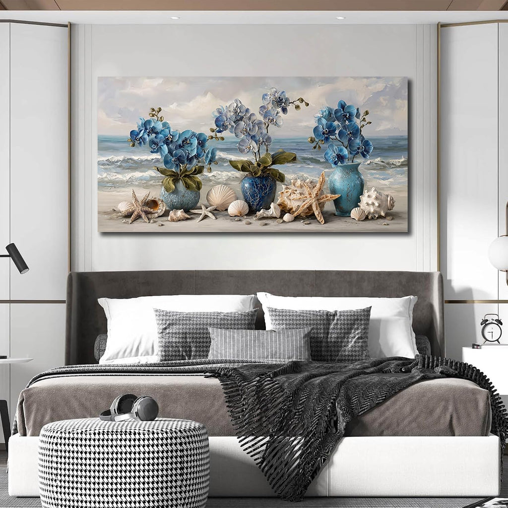 AOZEMI Vase Wall Art Large Seascape Wall Decor Beach Canvas Art Coastal Ocean Pictures Flower Poster Starfish Conch Shell Print Art for Bedroom Bathroom Living Room Office 29'x 59'