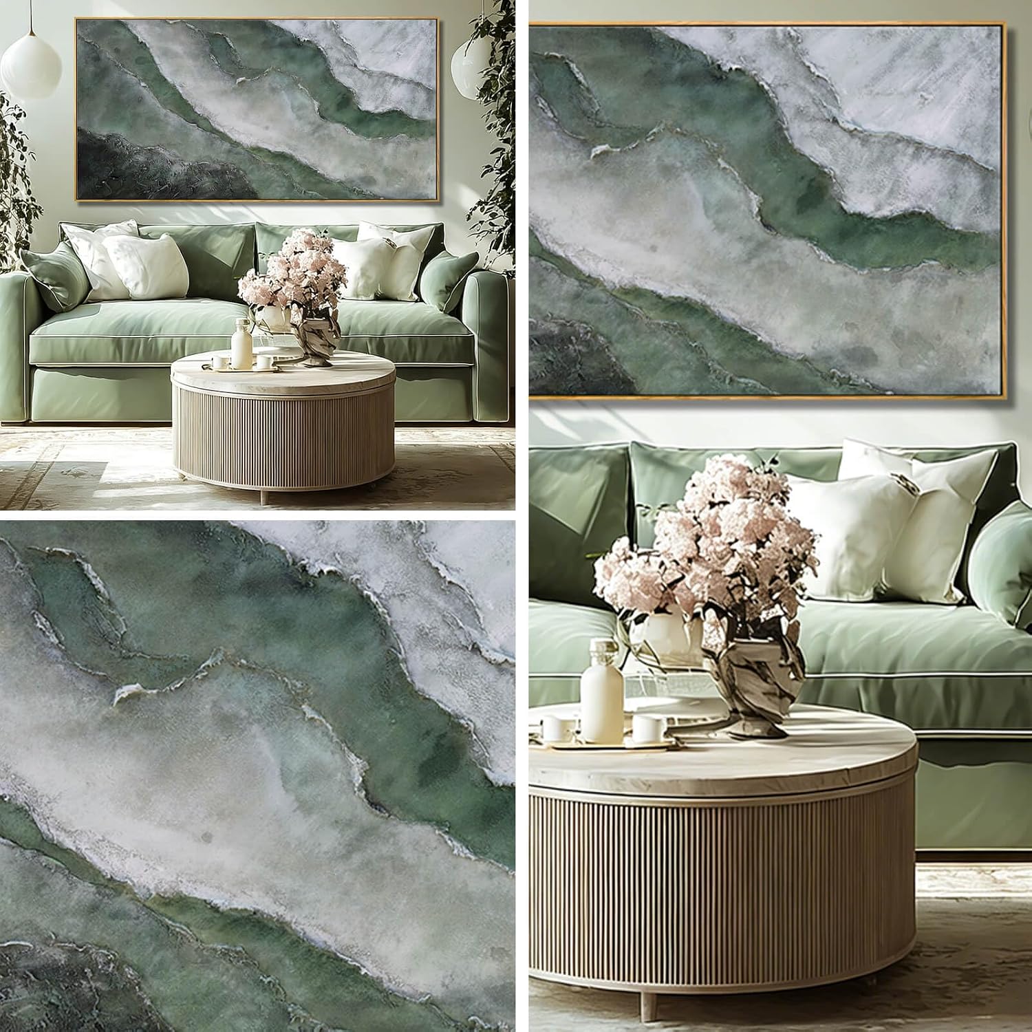 Green and White Textured Landscape Wall Art 24x48 Inch, Large Framed Canvas Artwork with Wood Frame, Abstract Nature Wall Decor for Living Room or Entryway
