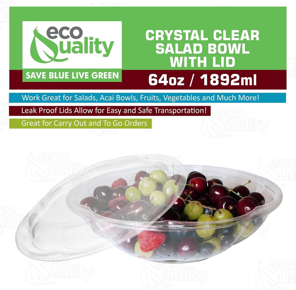 64oz Salad Bowls To-Go with Lids - Crystal Clear Plastic Disposable Wide Salad Containers | Airtight, Lunch, Salads, Parfait, Fruits, Leak Proof, Airtight, Fresh, Meal Prep | Rose Bowl Container (200)