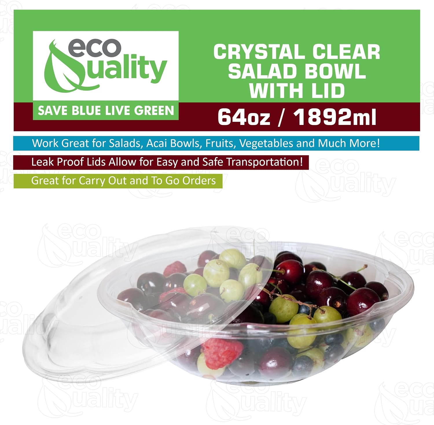 64oz Salad Bowls To-Go with Lids - Crystal Clear Plastic Disposable Wide Salad Containers | Airtight, Lunch, Salads, Parfait, Fruits, Leak Proof, Airtight, Fresh, Meal Prep | Rose Bowl Container (200)