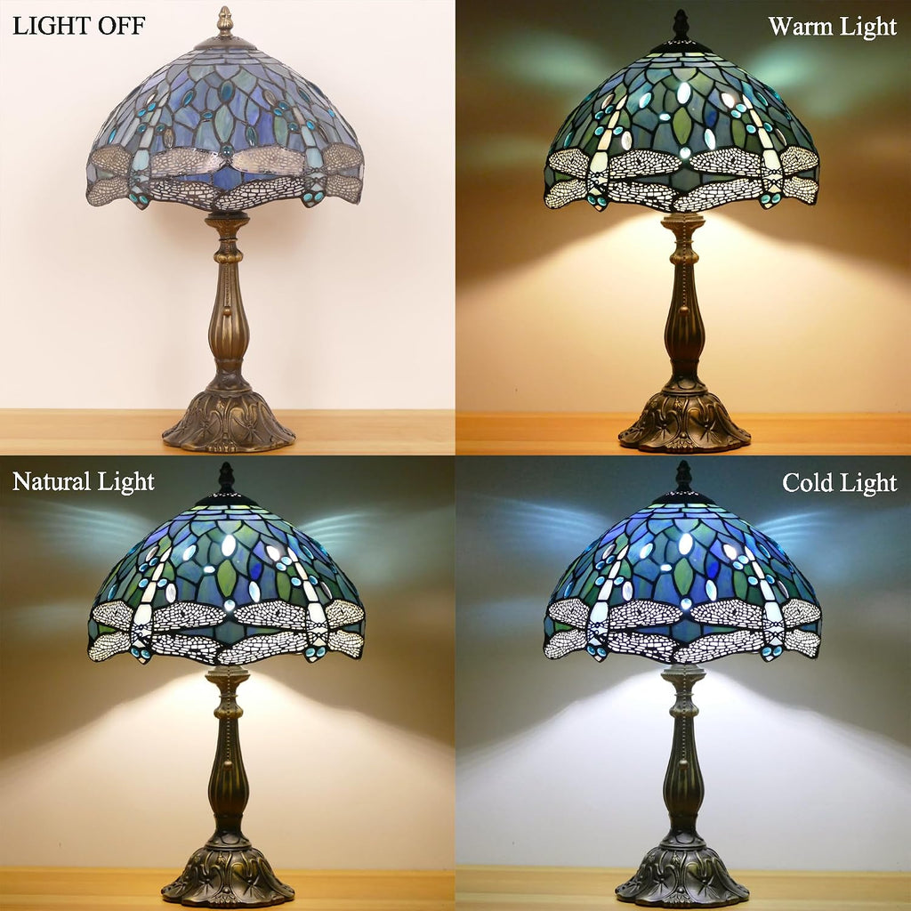 Tiffany Lamp Stained Glass Table Lamp Antique Bedside Reading Light W12H19 Inches (Sea Blue Dragonfly)