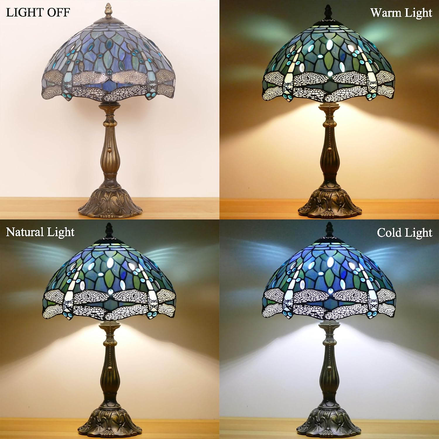 Tiffany Lamp Stained Glass Table Lamp Antique Bedside Reading Light W12H19 Inches (Sea Blue Dragonfly)