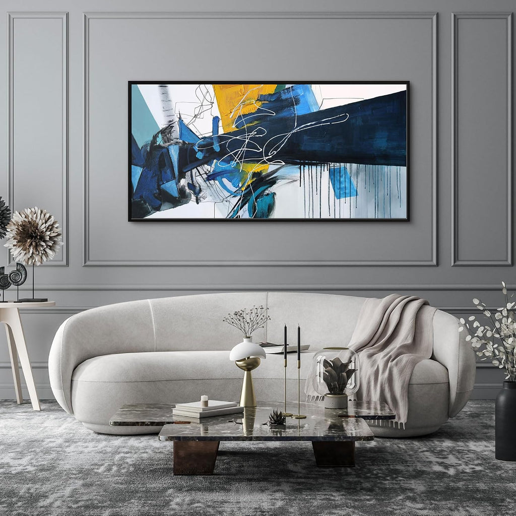 KLAKLA Wall Art for Living Room - Blue Abstract Canvas Pictures Framed Artwork for walls Extra Large Prints for Bedroom Above the Bed Decor 24x48 Inches