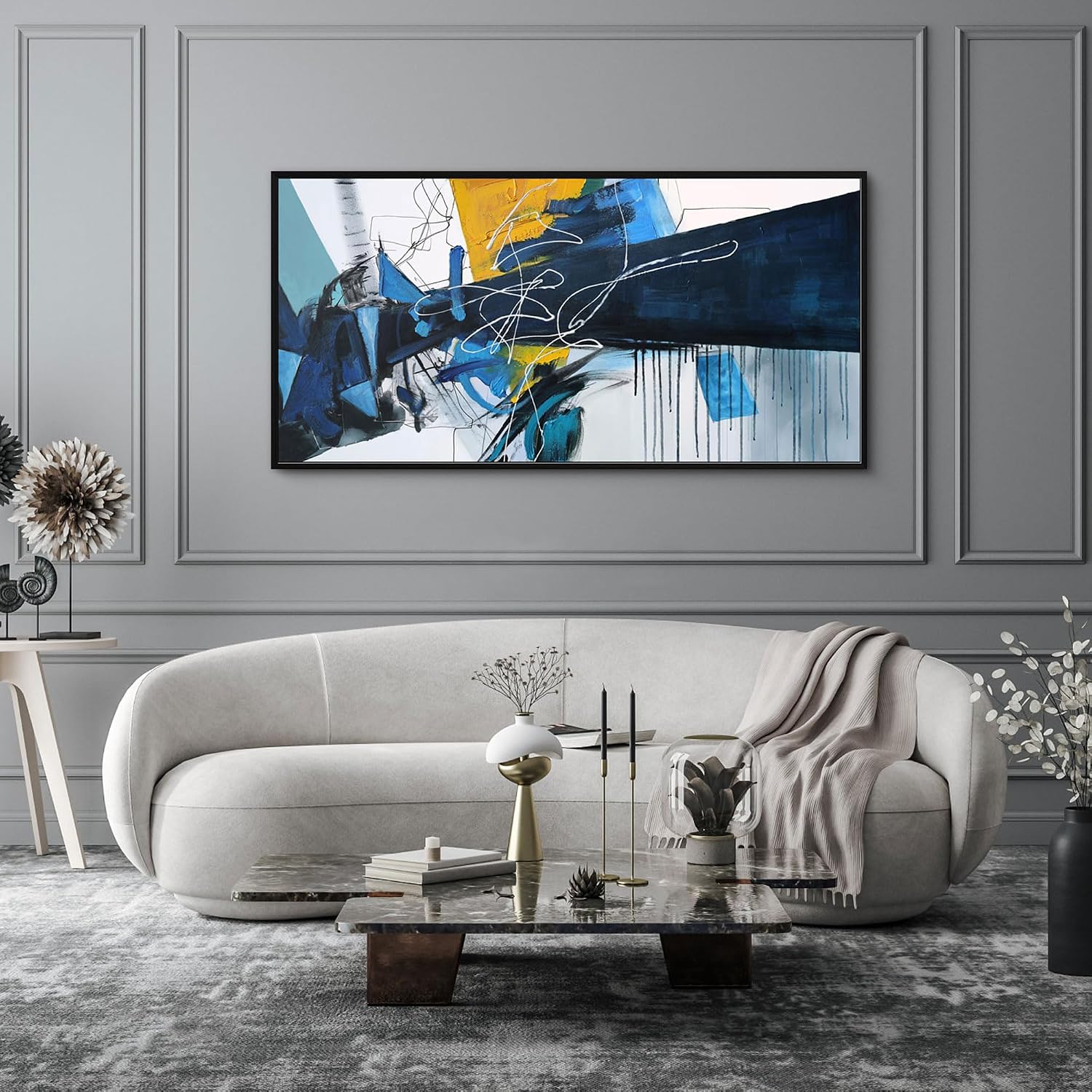 KLAKLA Wall Art for Living Room - Blue Abstract Canvas Pictures Framed Artwork for walls Extra Large Prints for Bedroom Above the Bed Decor 24x48 Inches