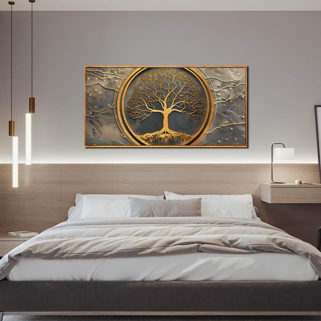 Tree Pictures Wall Art for Living Room - Gold Modern Wall Decor Office - Wooden Framed Wall Art Size 29' x 59'
