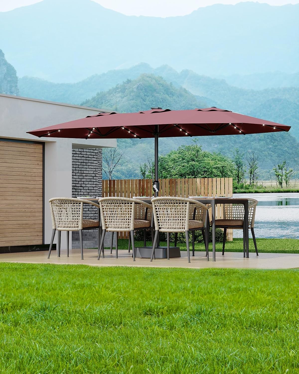 Garvee 15 ft Rectangular Patio Umbrella with Solar Lights & Base Included - Large Patio Umbrella with Crank Handle 36 LED Lights, UV Protection for Outdoor Market, Backyard, Deck, Pool, Burgundy