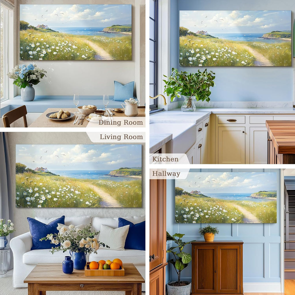 SERIMINO Seaside Nature Large Wall Art, Coastal Landscape Big Canvas Prints, Meadow Wildflowers Pictures Wall Decor, Sunny Scenery Home Decorations for Living Room Bedroom Farmhouse Cottage 29'X57'
