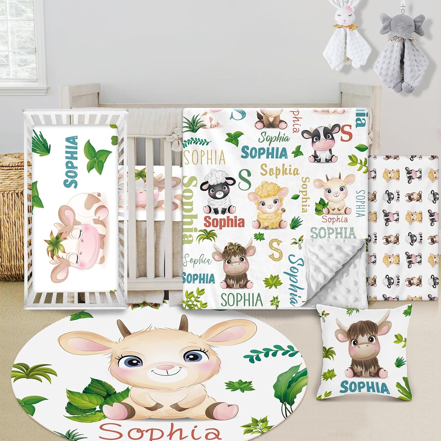 Custom Baby Crib Bedding Set - 5 Piece Nursery Crib Set Woodland Animals Design - Personalized Name Blanket with Dotted Backing, Crib Sheet, Changing Pad Cover, Pillow Cover, Rug for Newborns Color04