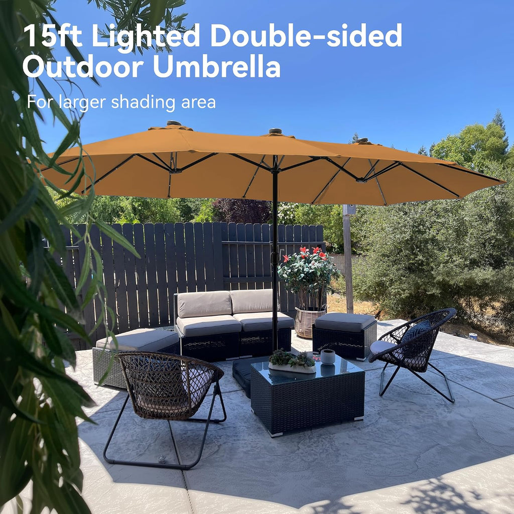 PHI VILLA 15ft Large Patio Umbrella with Solar Lights, Double-Sided Outdoor Market Rectangle Umbrellas with 36 LED Lights, Umbrella Base (Stand) Included, Tawny