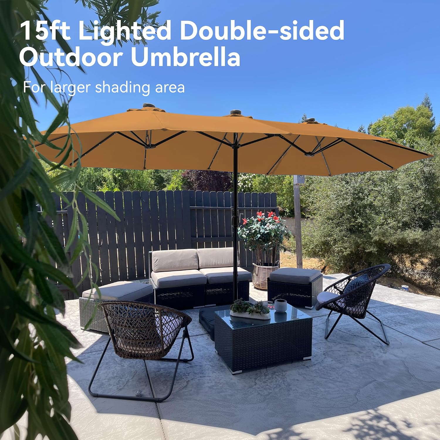 PHI VILLA 15ft Large Patio Umbrella with Solar Lights, Double-Sided Outdoor Market Rectangle Umbrellas with 36 LED Lights, Umbrella Base (Stand) Included, Tawny