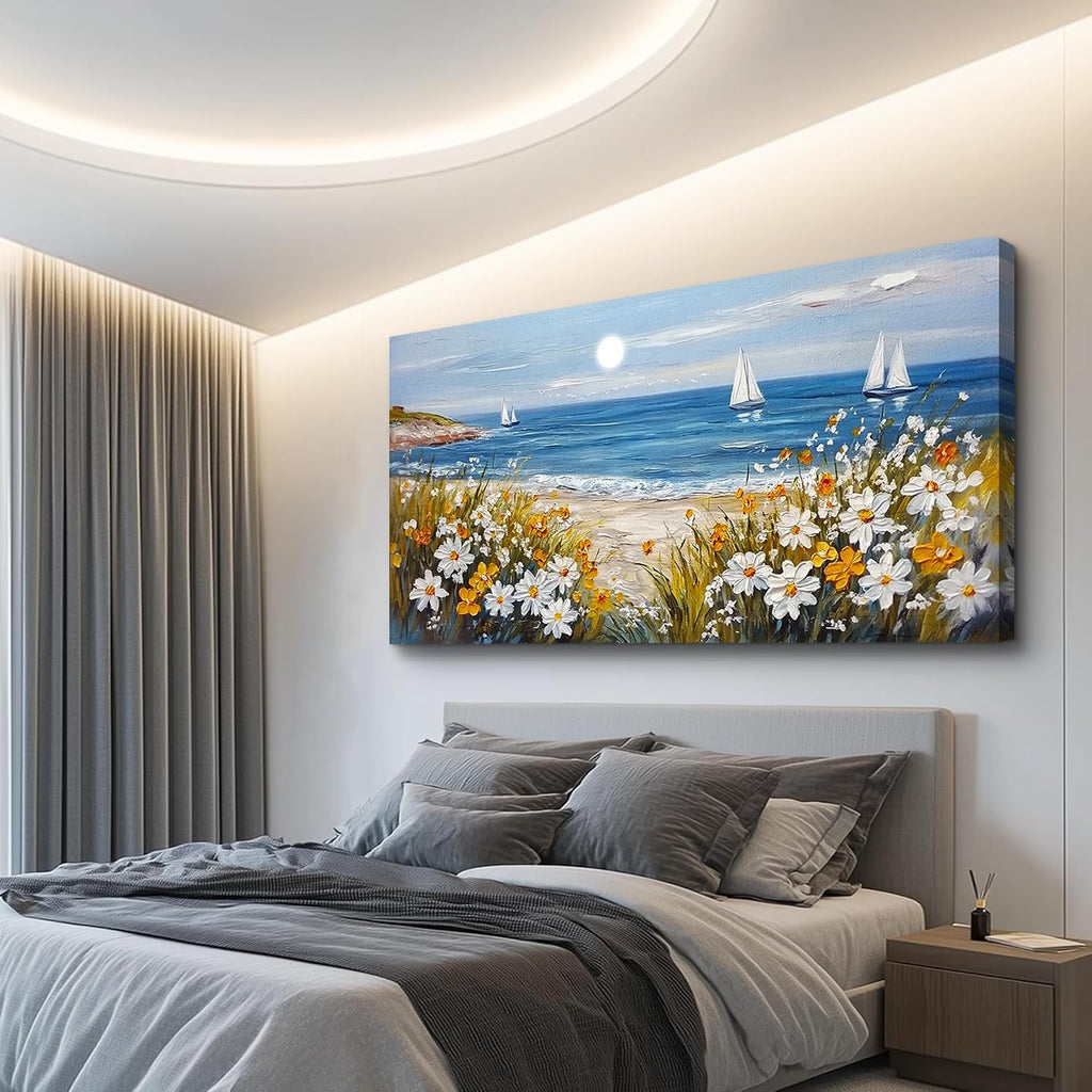 KELIYUAN Large Vintage Landscape Painting Home Decor Blue Ocean Beach Painting Living Room Decorative Wall Art Modern Print Canvas White Flowers Farmhouse Office Bedroom Wall Decor 30 X 60 Inches