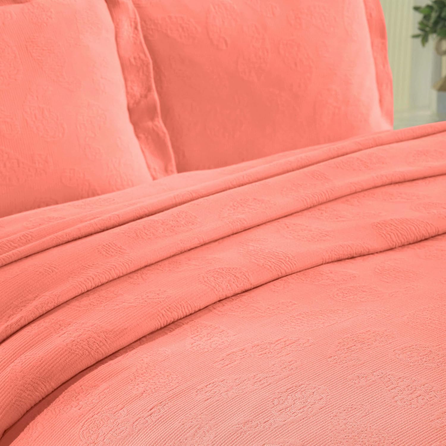 Superior Paisley Cotton 3 Piece Bedspread Set, Home Bed Decor, Decorative Textured Bed Spread, 2 Pillow Shams, Airy Blanket, Matelasse Coverlet Bedding, Vintage Floral Design, King, Coral