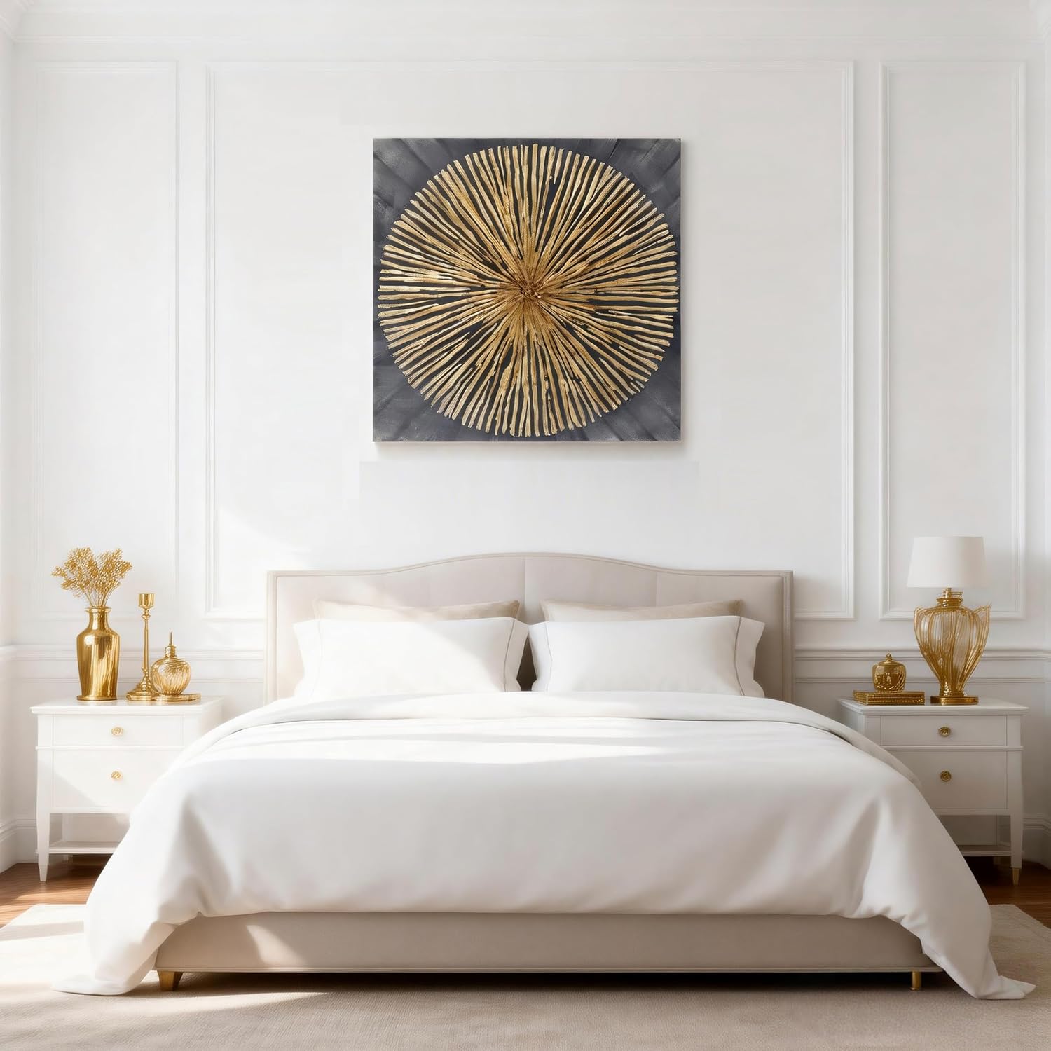 7Fisionart Large Abstract Sunburst Canvas Wall Art Gold Sunburst on Gray Background Textured Modern Canvas Prints Artwork for Bedroom Living Room Kitchen Home Office 40'x40'